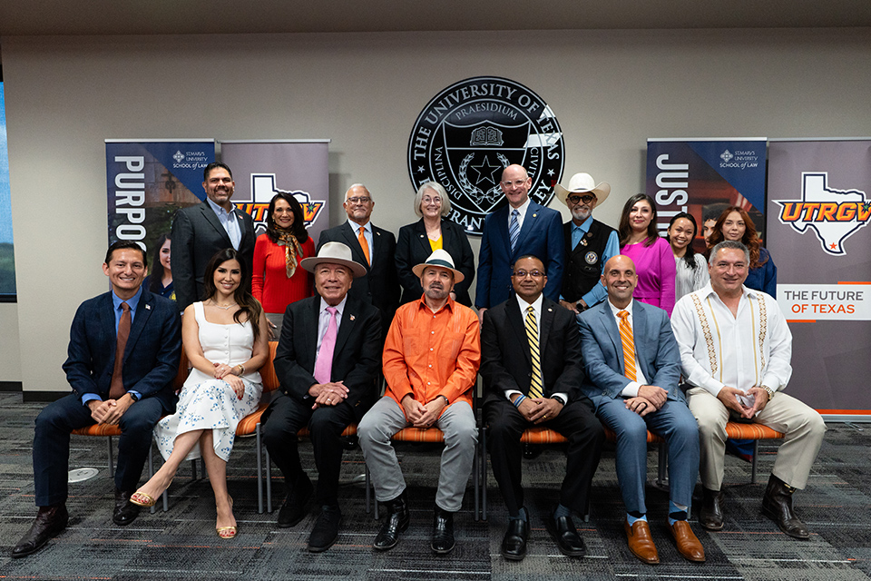 Legislative and local officials at the signing ceremony launching a hub that brings dedicated classrooms, study space, technology and on-site support for aspiring lawyers to learn, collaborate and thrive in the Rio Grande Valley. (UTRGV Photo by Silver Salas)