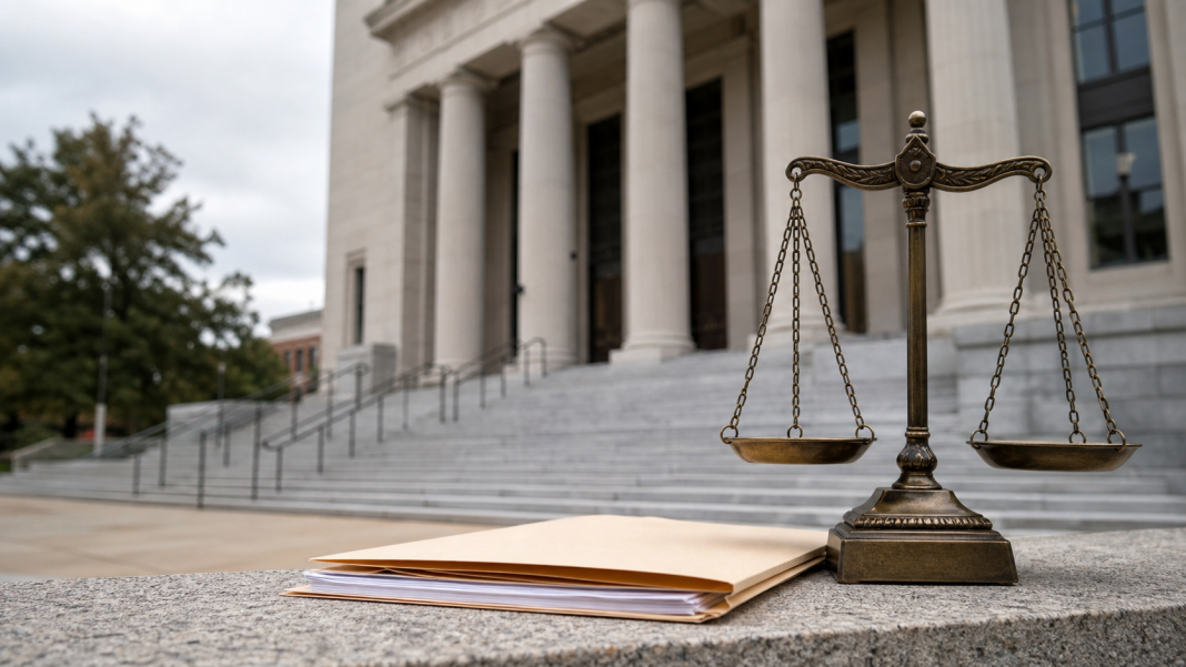 Courthouse and justice scale illustration