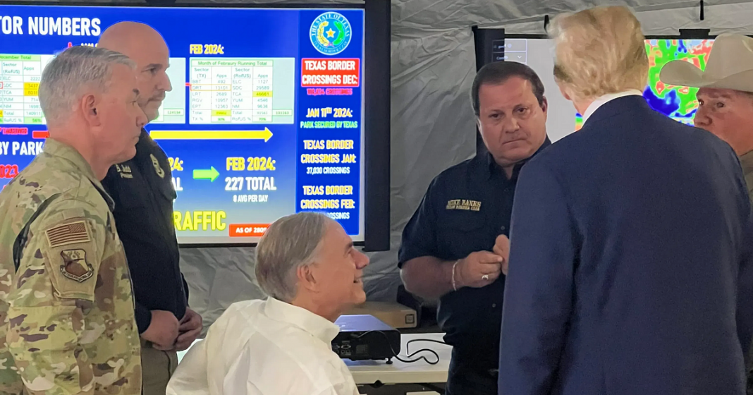 President Donald Trump with Texas Gov. Greg Abbott and Texas Border Czar Mike Banks at the Operation Lone Star base in Eagle Pass