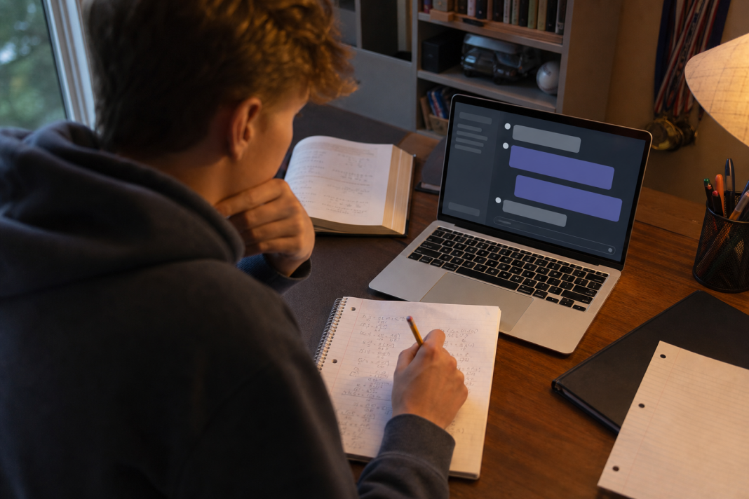 A student comparing handwritten homework with a generic AI chat interface on a laptop