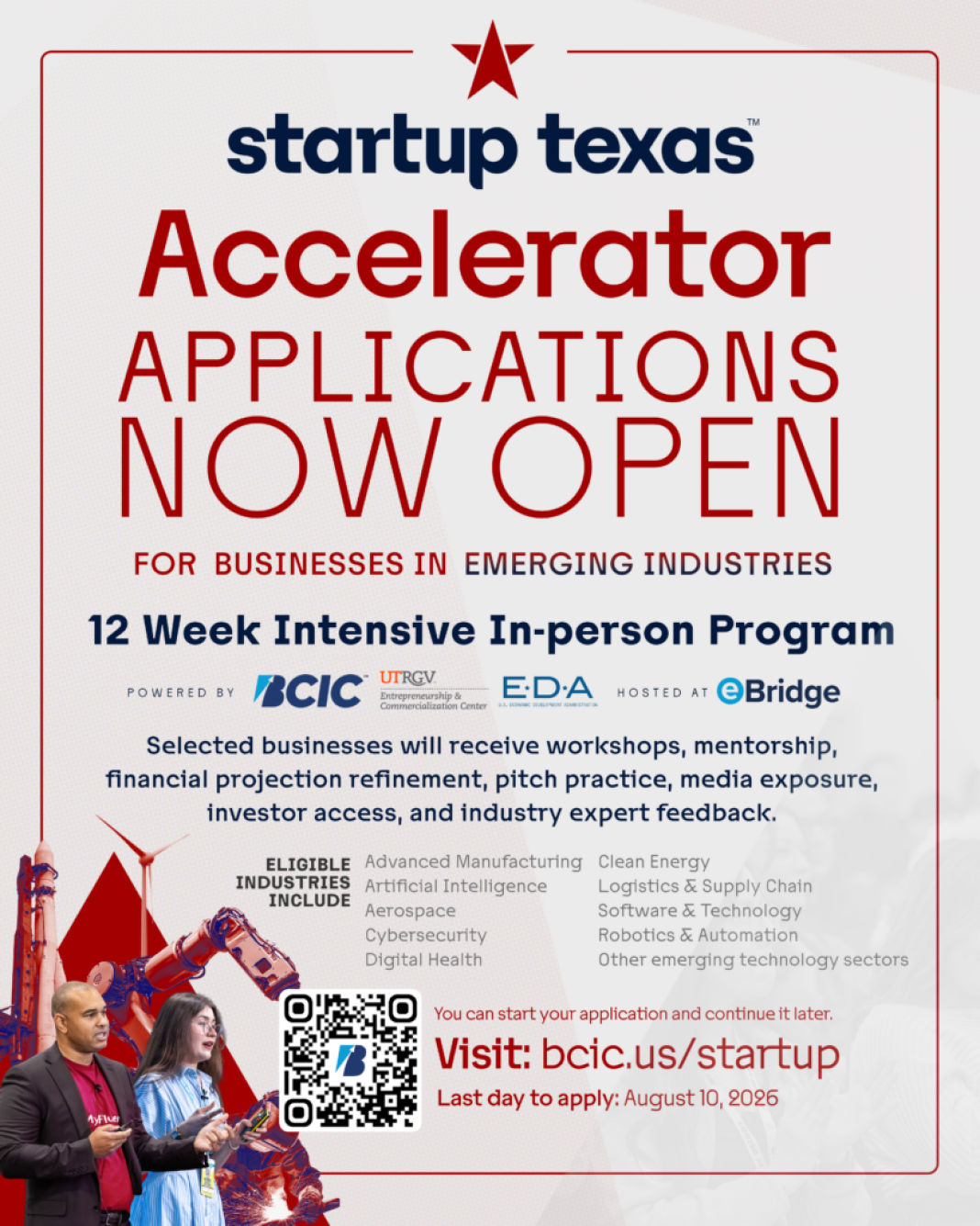 Startup Texas applications now open graphic from BCIC.