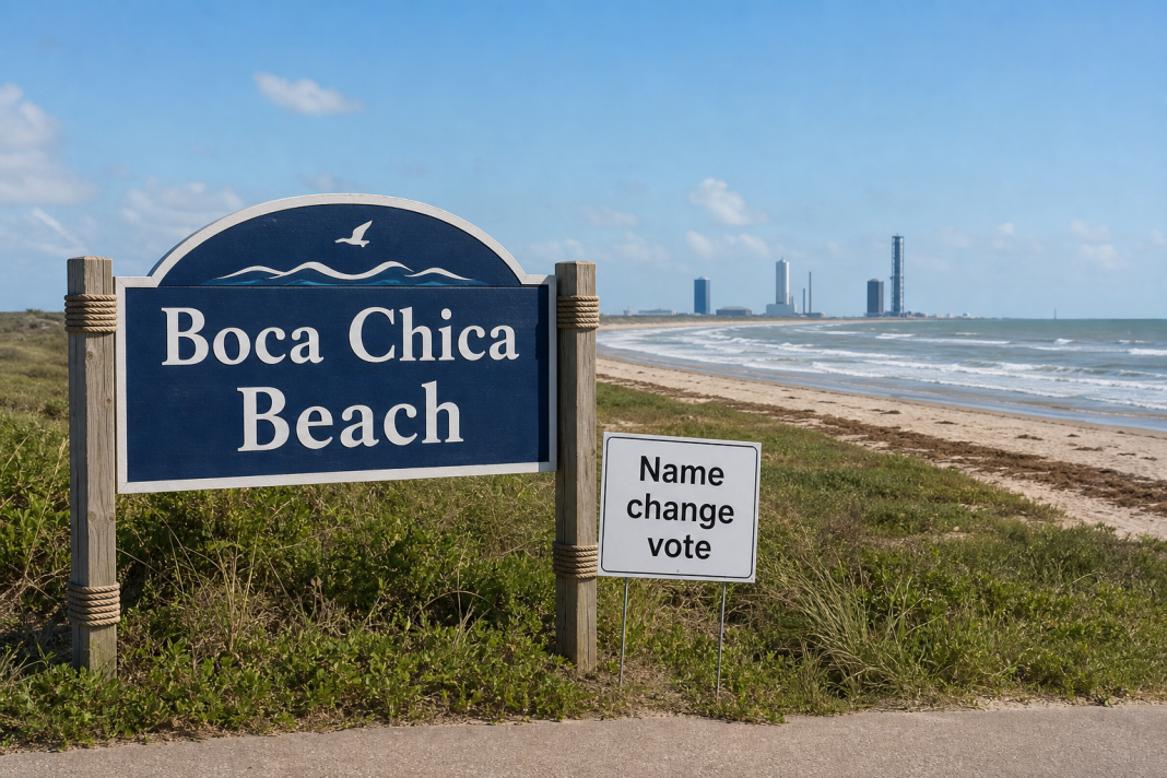 Generated editorial image of Boca Chica Beach sign and name change vote notice.
