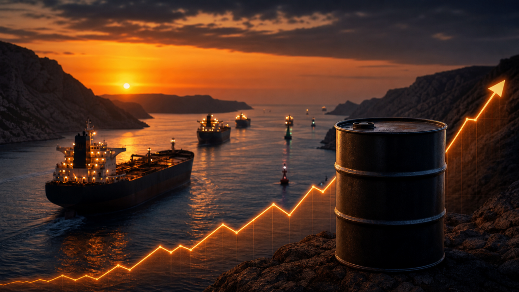 Oil tanker crossing a narrow sea passage beside a barrel and an upward market line