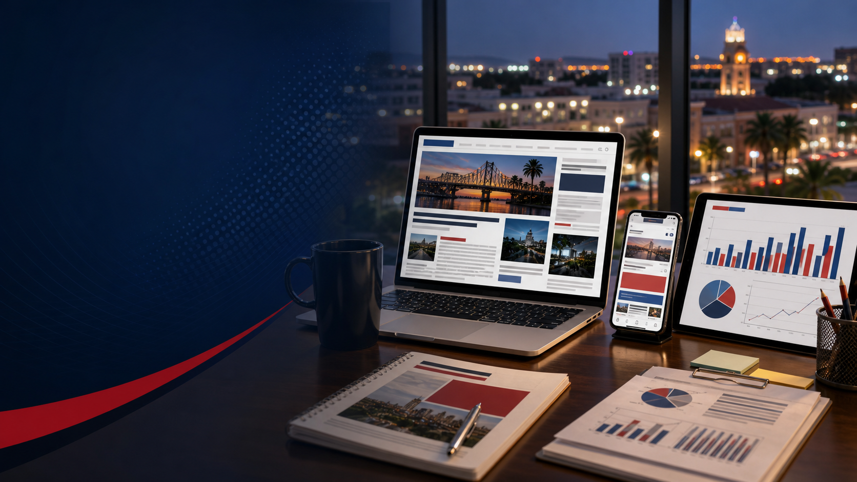 Digital advertising workspace with local news and campaign planning visuals.