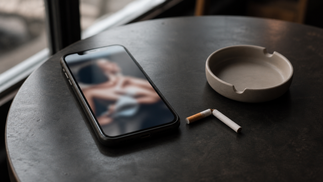 A smartphone, an empty ashtray and a broken unlit cigarette on a dark cafe table
