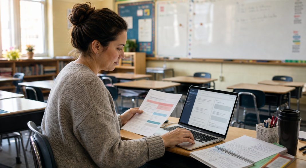 A teacher reviewing lesson materials while using a generic AI assistant on a laptop