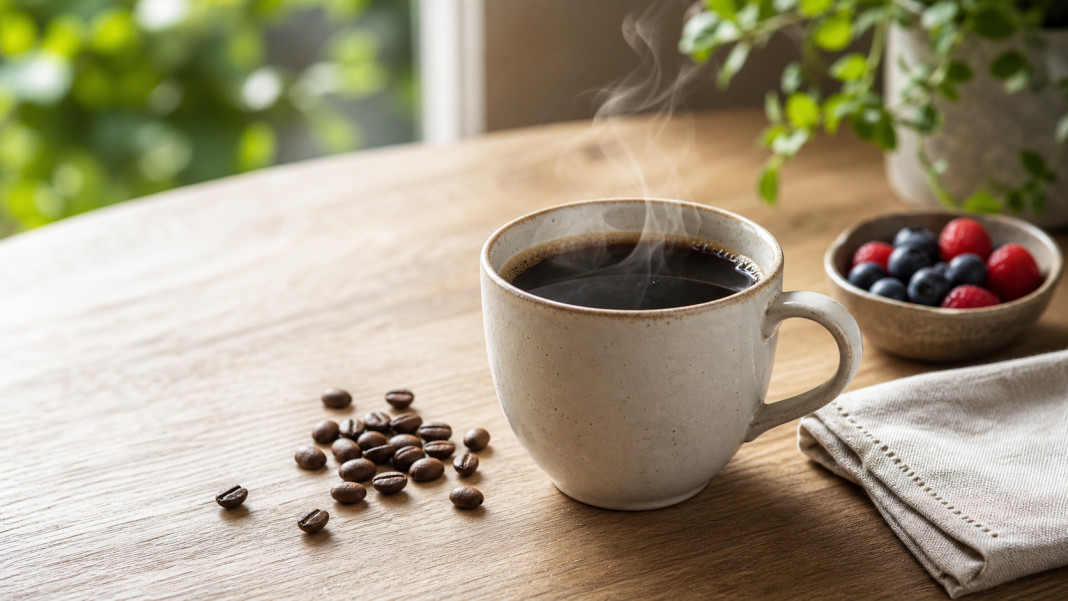 A steaming cup of black coffee, coffee beans and berries on a sunlit breakfast table