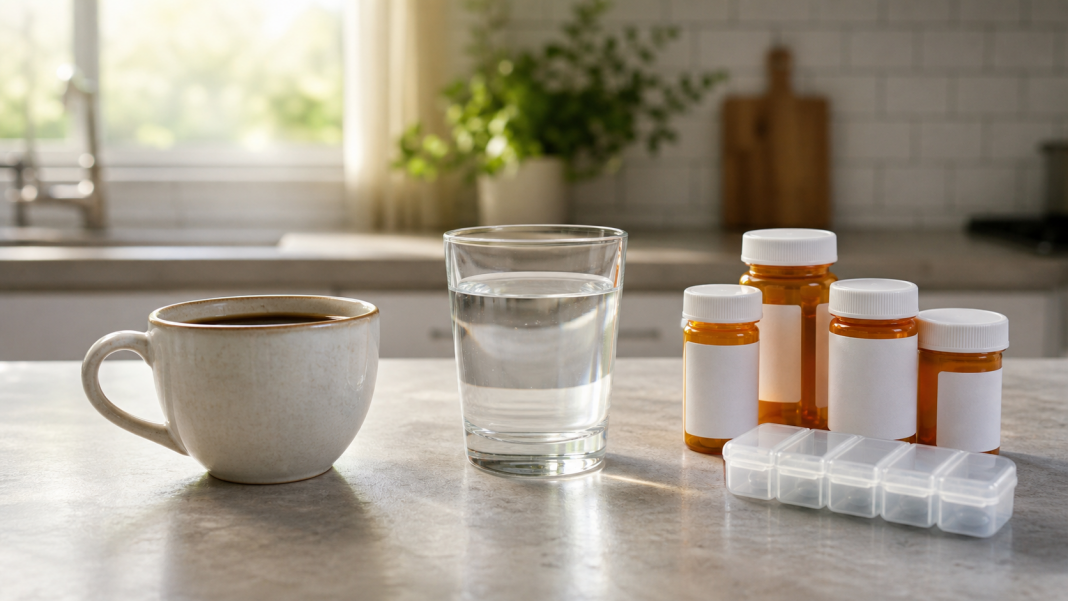 A cup of coffee, a glass of water and unbranded medication bottles on a kitchen counter