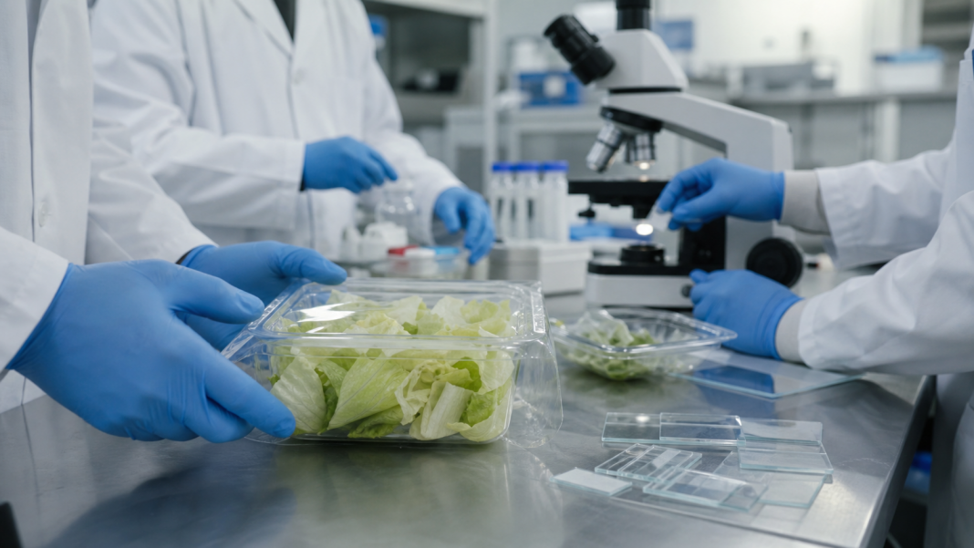 AI-generated illustration of a public health laboratory examining lettuce samples during a foodborne illness investigation.