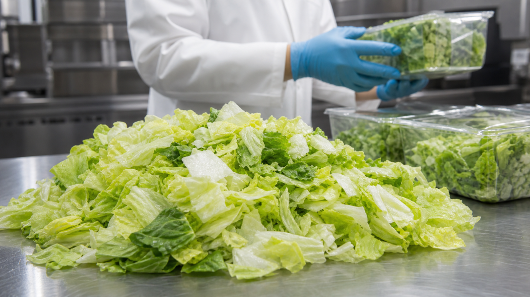 AI-generated illustration of lettuce being inspected on a commercial food-preparation surface.