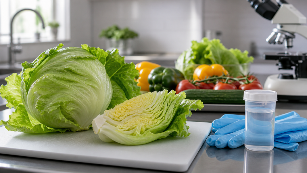 Fresh iceberg lettuce and vegetables with food-safety laboratory equipment