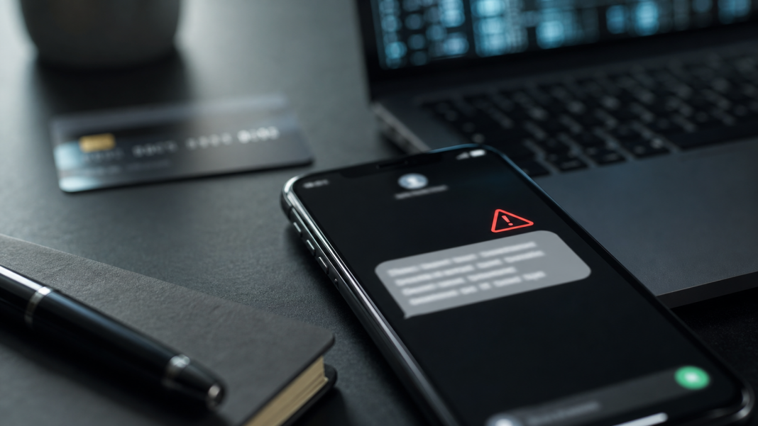 Generated editorial image of a smartphone fraud alert and digital security setting.