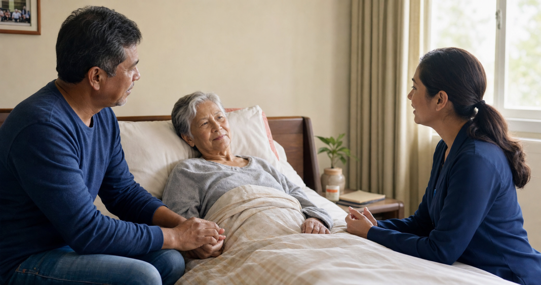 A family member and palliative care clinician speaking with an older adult at home