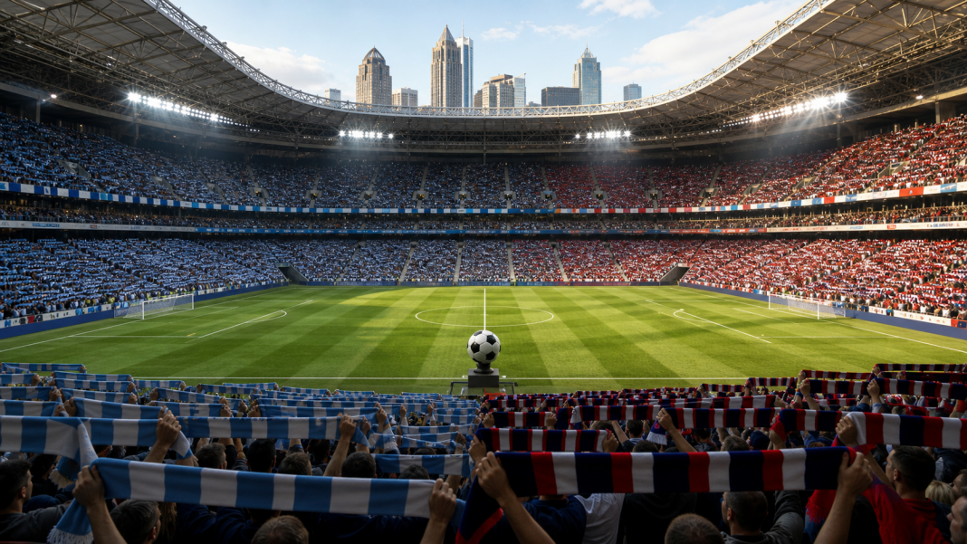 AI-generated illustration of a packed soccer stadium before an England-Argentina match