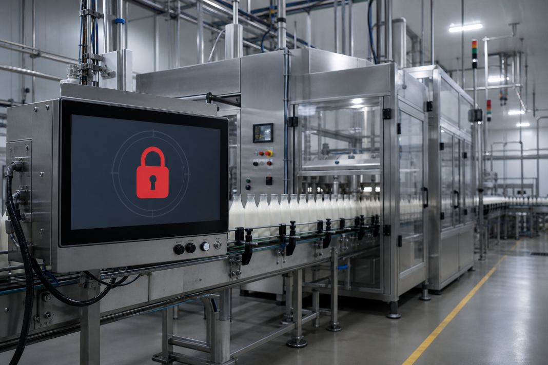 AI-generated illustration of a milk production line affected by a cybersecurity incident.