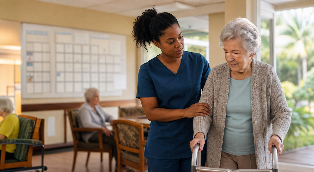 Caregiver helping an older nursing home resident walk with a mobility aid