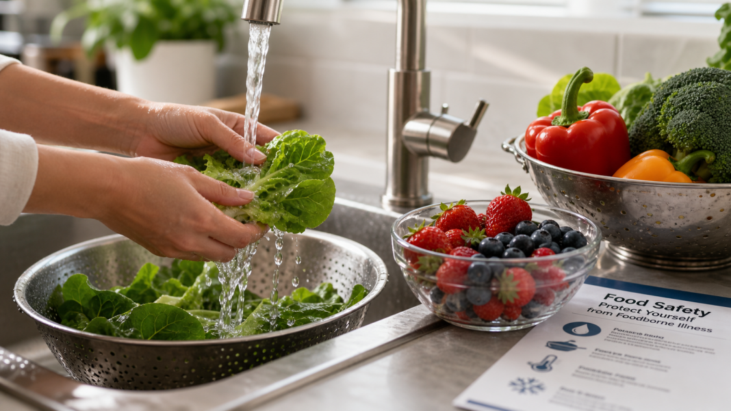 Fresh produce being washed under running water as a food safety image.