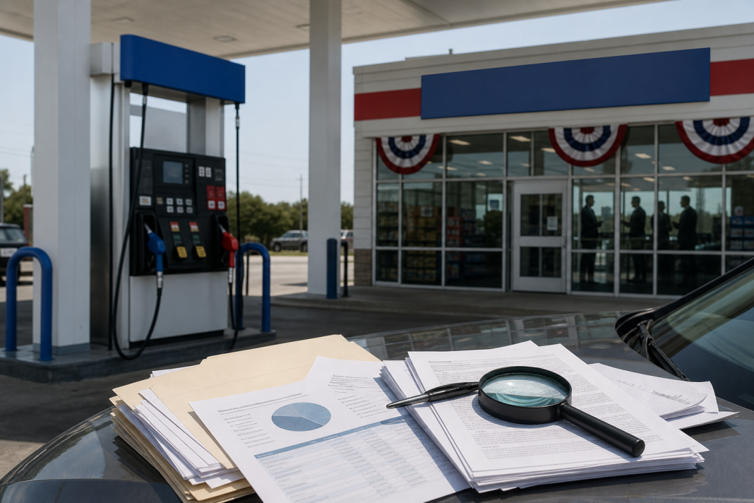 Corporate records and magnifying glass in front of an unbranded discount gas station