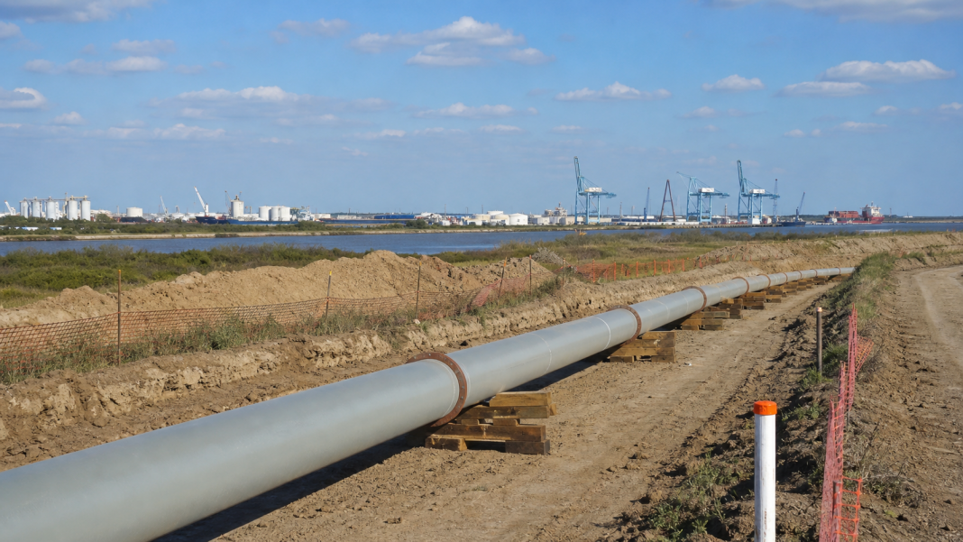 Generic pipeline construction near a South Texas port and shipping channel.