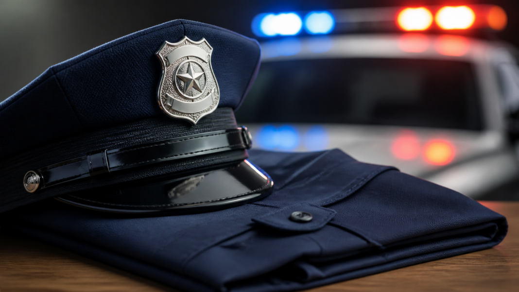 Generic public safety image showing a police uniform and patrol lights.