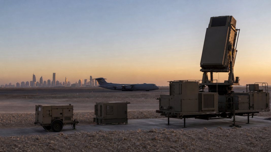 AI-generated illustration of a Gulf airbase with an air-defense radar and military cargo aircraft.