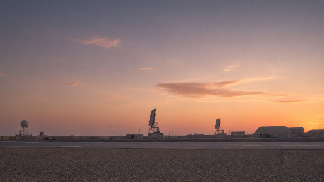 AI-generated illustration of a quiet desert airbase with radar installations at dawn.