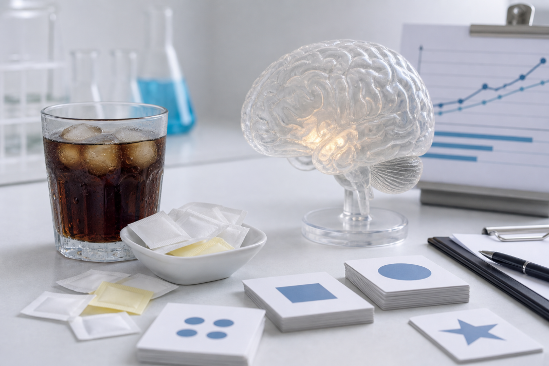 Unlabeled sweetener packets beside a brain model and memory testing cards