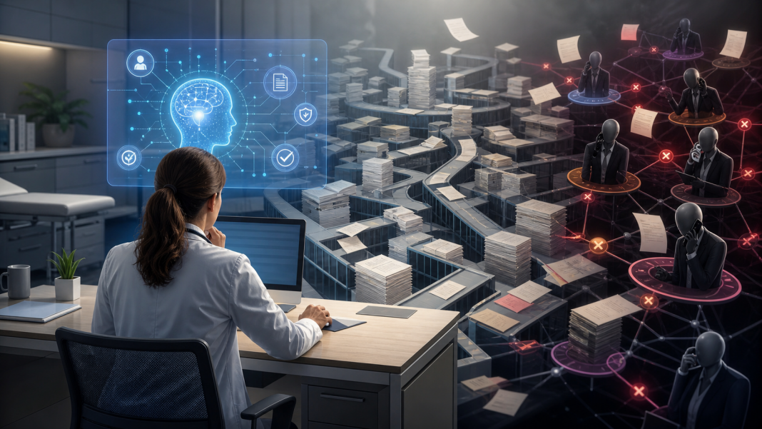 Doctor at a desk facing an artificial intelligence network and a maze of healthcare paperwork