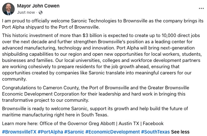Mayor John Cowen Saronic Port Alpha Statement