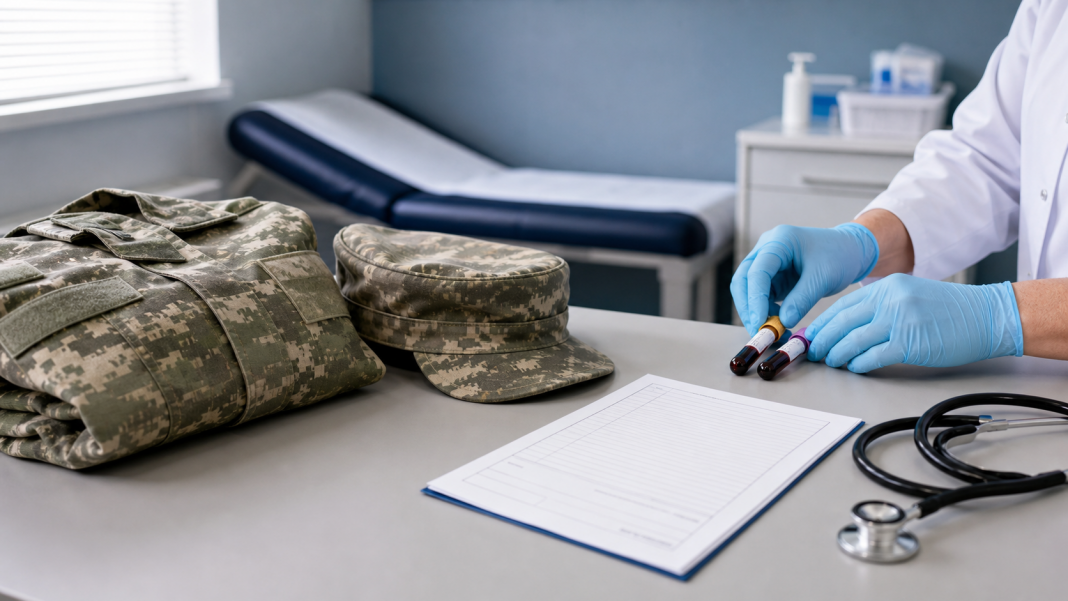 Generic military clothing and two blood sample tubes in a clinical examination room