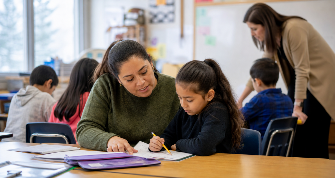A school paraprofessional helping a student with a classroom learning activity
