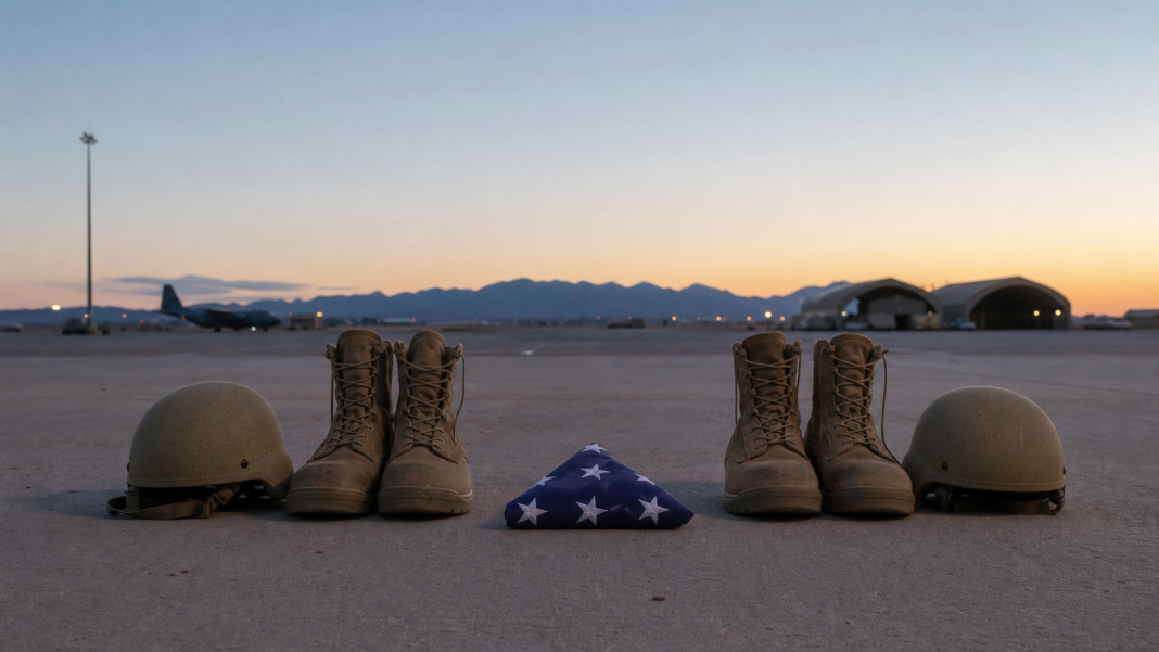 Two pairs of combat boots and helmets arranged with a folded flag at a desert air base