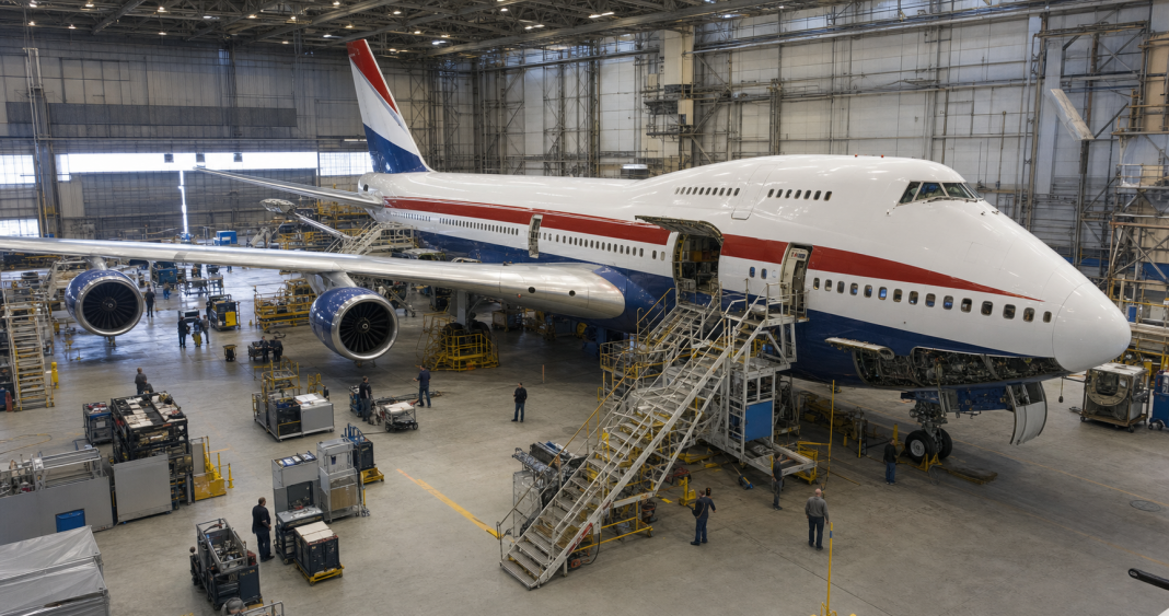 Unbranded red white and blue Boeing 747 undergoing maintenance in a secure hangar