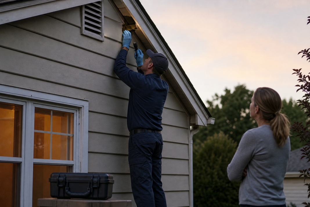 A public-health professional inspecting a home for a possible bat entry point