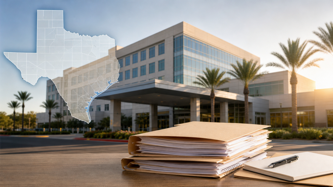 AI-generated illustration of a South Texas hospital, a Texas map and state review files