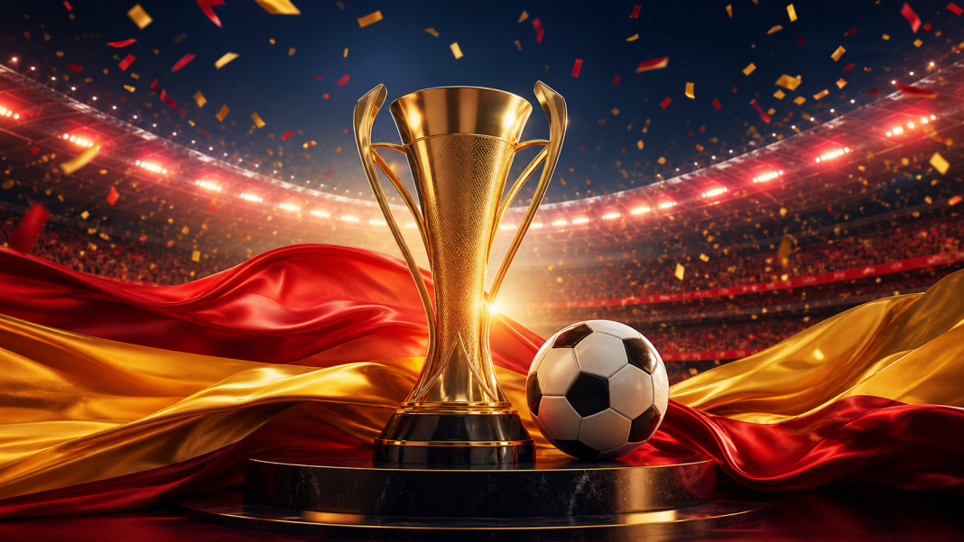 An original red-and-gold soccer championship graphic representing Spainâ€™s World Cup victory