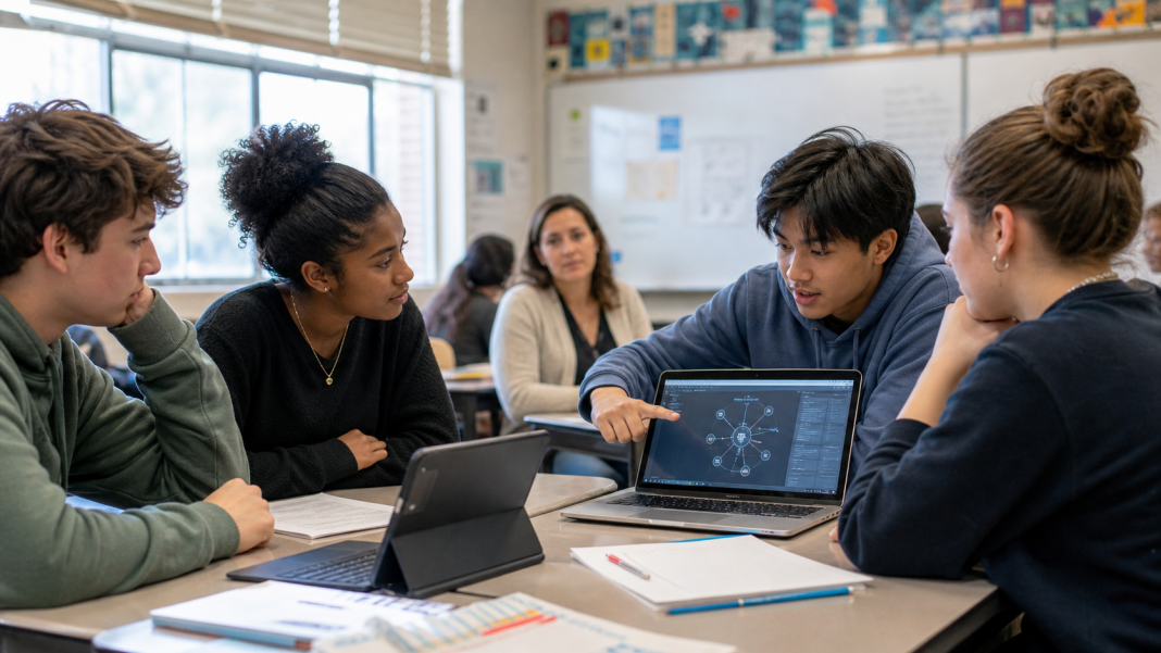 High school students leading a classroom discussion about artificial intelligence
