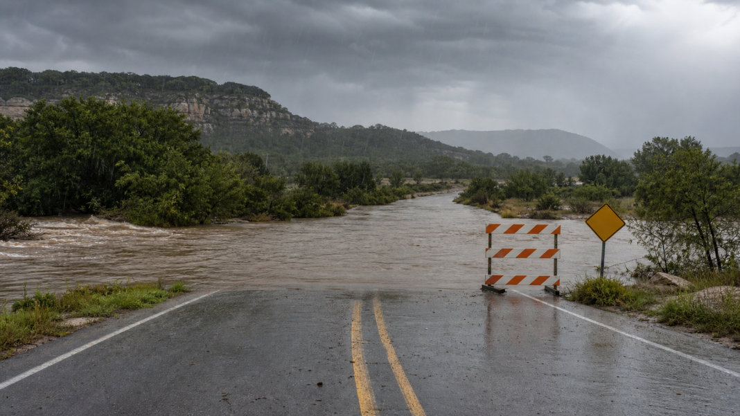 AI-generated illustration of a flooded low-water crossing in the Texas Hill Country