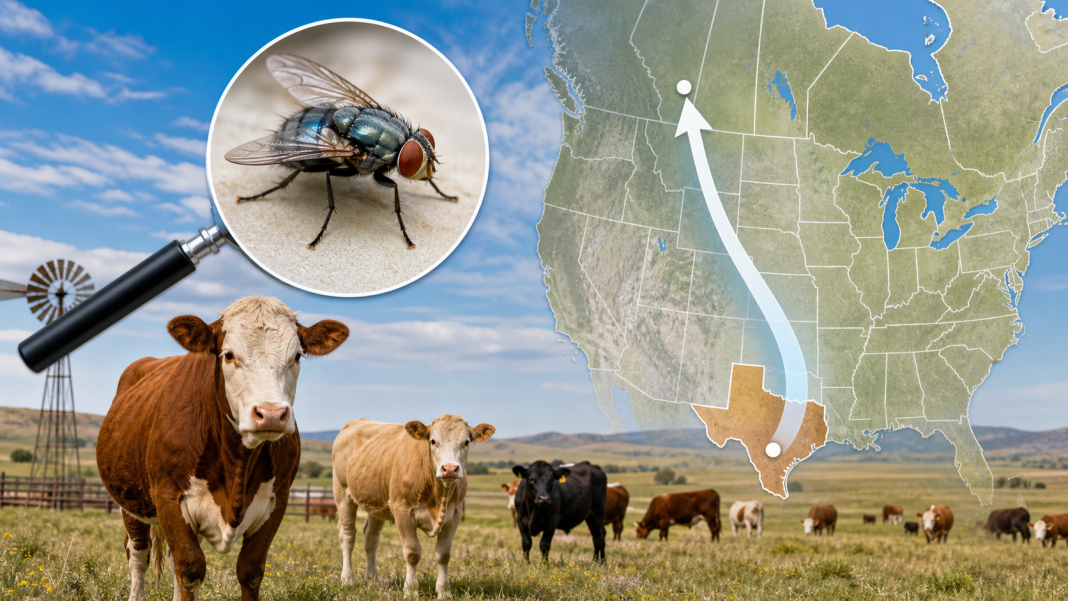 AI-generated illustration of Texas cattle, a screwworm fly and a northbound trade route