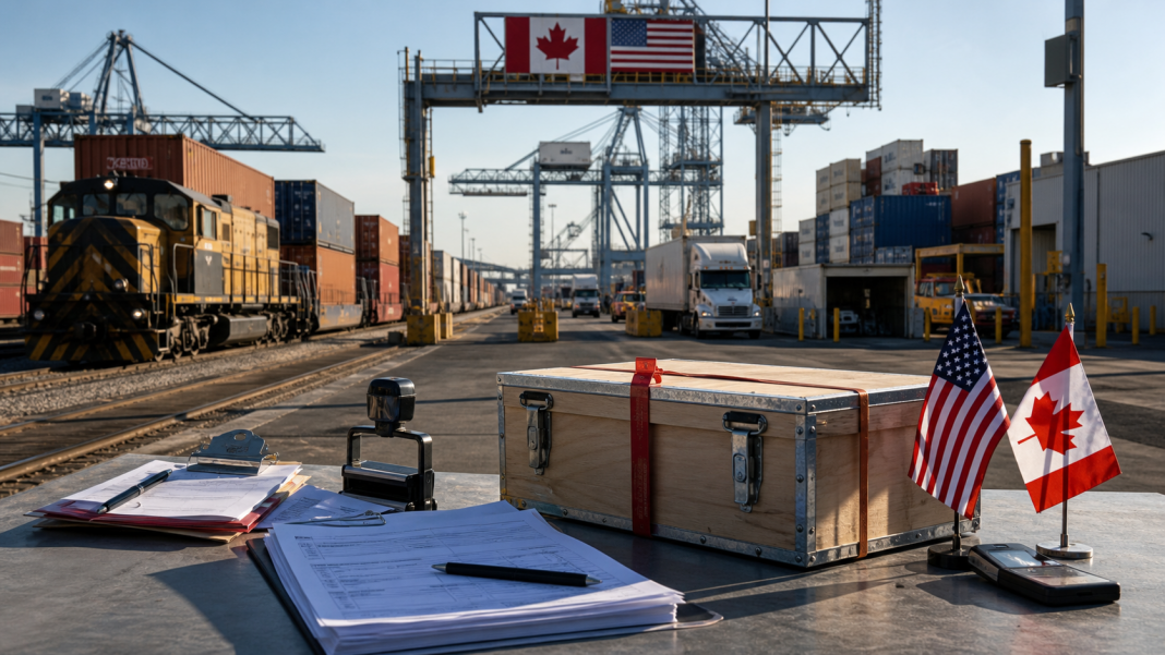 Cargo terminal and customs inspection materials representing trade between the United States and Canada