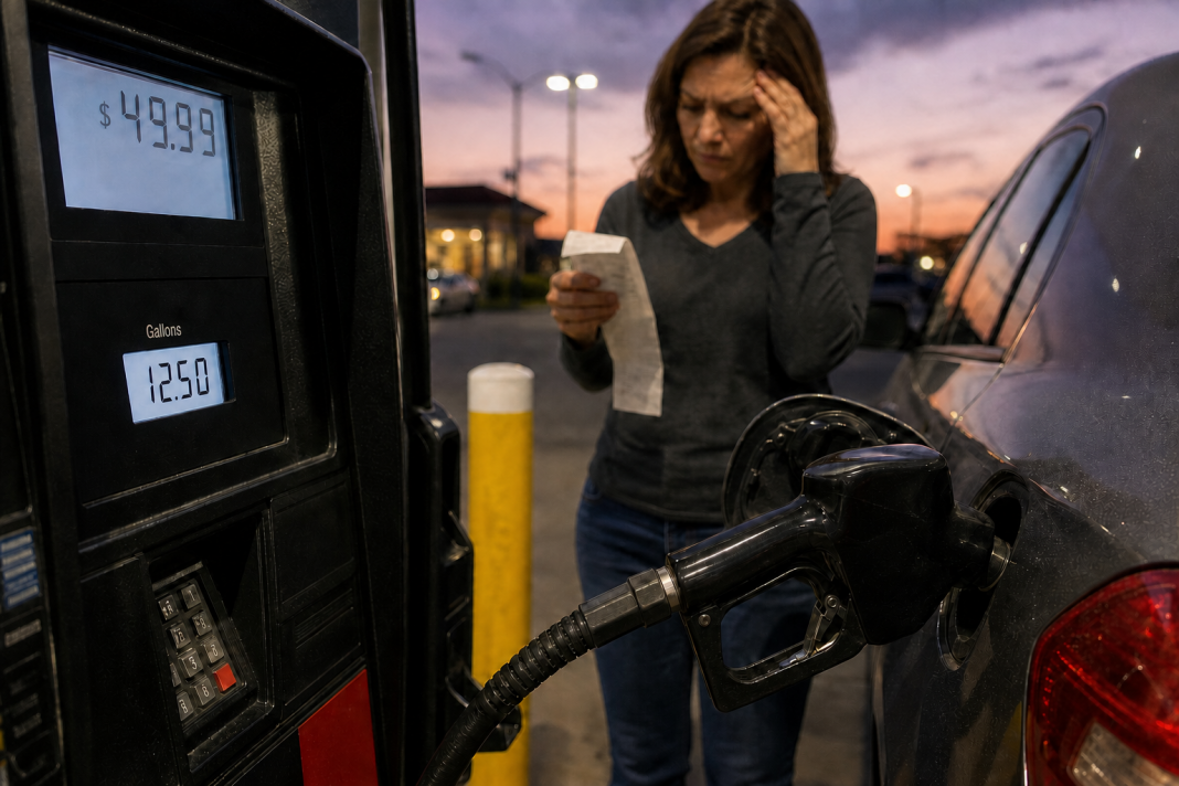 Driver reviewing a receipt beside a gasoline pump showing a fifty-dollar fill-up