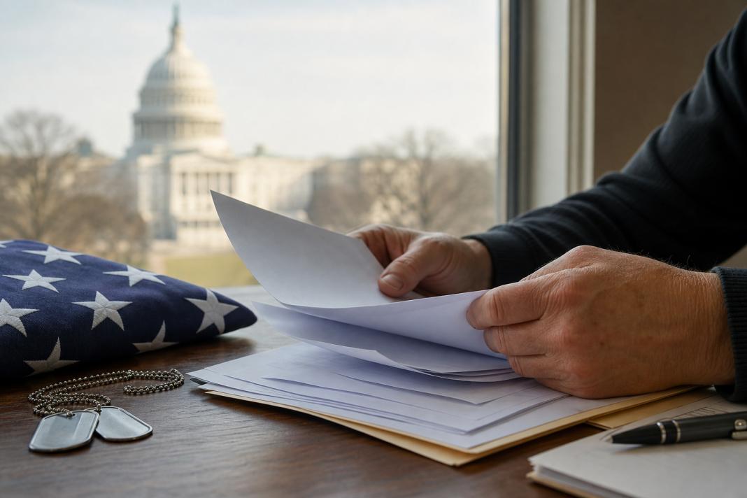AI-generated illustration of a veteran reviewing benefit documents with the U.S. Capitol in the background.