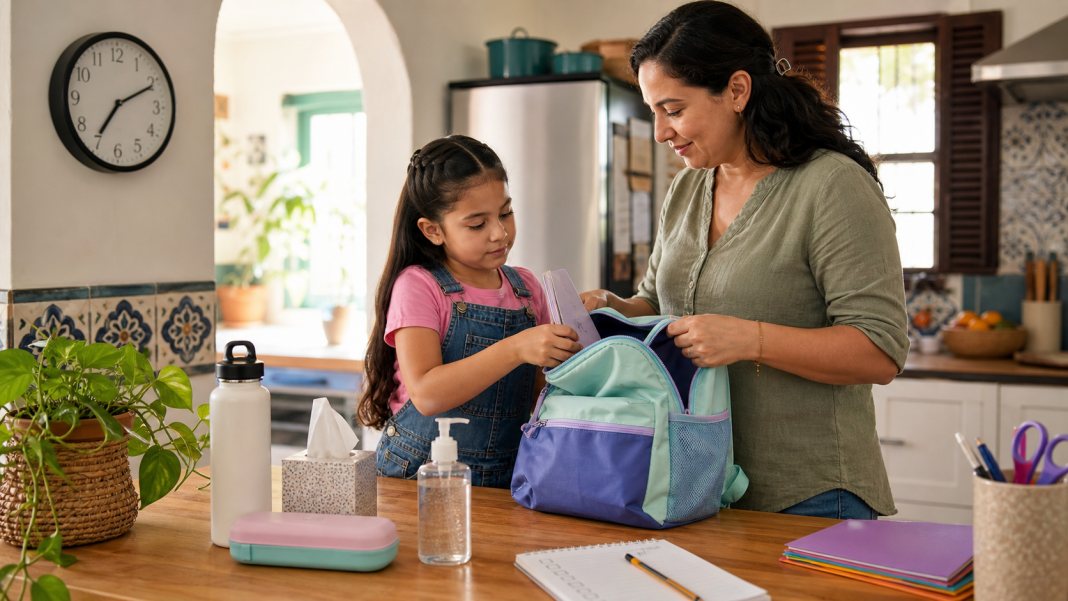 A parent and child organize a backpack and health supplies before school.