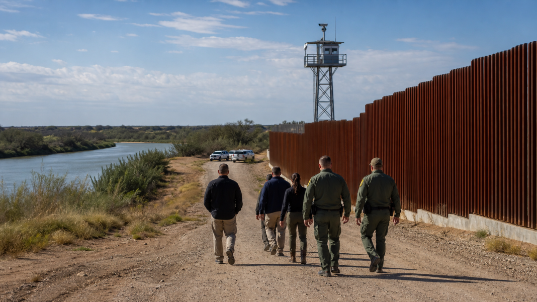 Officials and agents walk beside border infrastructure along the Rio Grande.