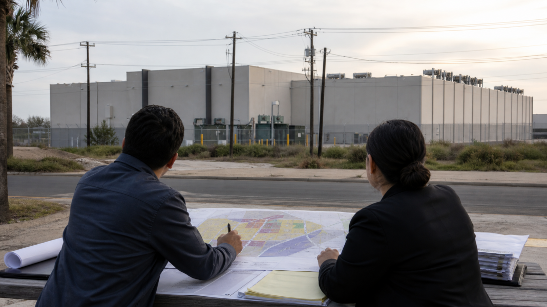 City planners review a land-use map across from a data-center building.