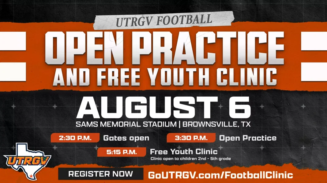 UTRGV Football open practice and free youth clinic event graphic.