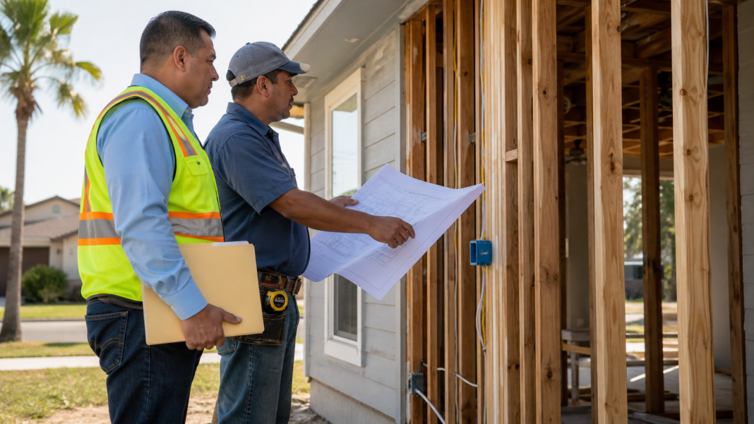 A building inspector and contractor review plans at a home renovation.