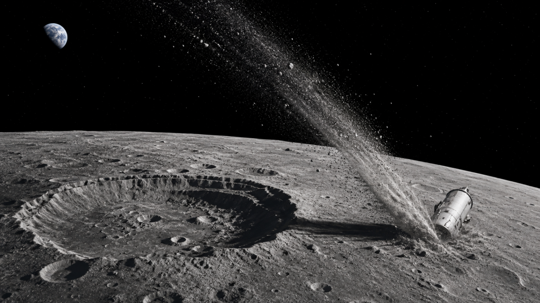 Scientific illustration of a spent rocket stage striking the lunar surface.