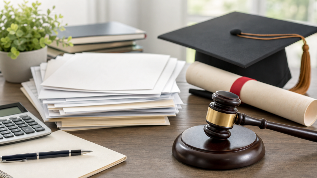 A judge's gavel rests beside a graduation cap and a stack of loan papers.