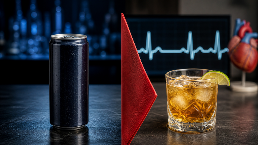An unlabeled energy drink and alcoholic beverage are separated in a health warning image.